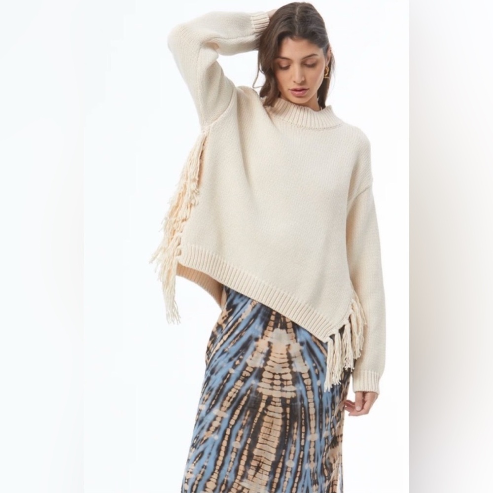 NWT TFB 100 COTTON LUX SIDE FRINGE SWEATER CREAM TAN
